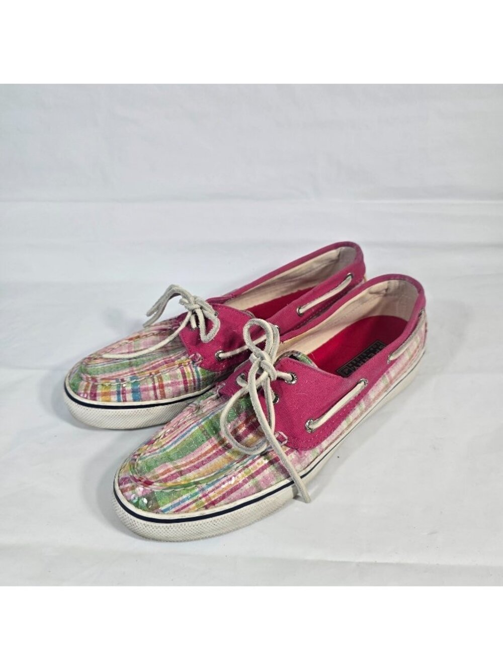 Sperry Top Sider Plaid Sequin Boat Shoes Women Size 9 Pink Pastel Coastal Preppy - Picture 1 of 10